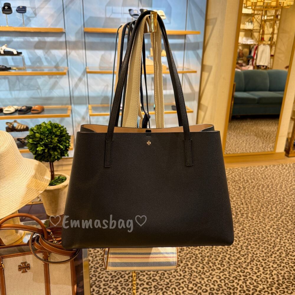 Tory Burch Blake Tote Pebbled leather 177332 BLACK / Devon Sand $395 - Picture 1 of 9
